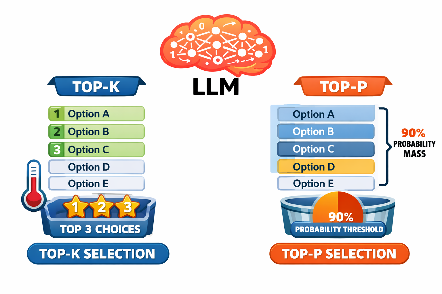 Top-k and top-p narrow the set of candidate tokens